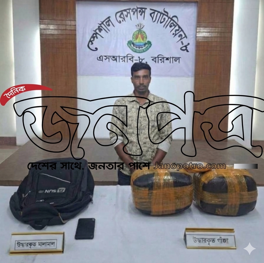 বরিশালে র্যাব-৮ এর বড় অভিযান: ৮ কেজি গাঁজাসহ মাদক কারবারি সুব্রত আটক বরিশাল প্রতিনিধি: বরিশালে মাদকবিরোধী অভিযানে ০৮ কেজি গাঁজাসহ সুব্রত বেপারি নামে এক মাদক কারবারিকে আটক করেছে স্পেশাল রেসপন্স ব্যাটালিয়ন (র্যাব-৮)। গোপন সংবাদের ভিত্তিতে র্যাব-৮ এর একটি চৌকস আভিযানিক দল বরিশাল সদর উপজেলার চরমোনাই এলাকায় এই অভিযান পরিচালনা করে। অভিযানকালে সন্দেহভাজন হিসেবে সুব্রতকে আটক করা হয় এবং পরবর্তীতে তার কাছ থেকে তল্লাশি চালিয়ে স্কচটেপ দিয়ে মোড়ানো দুটি বড় প্যাকেটে মোট ৮ কেজি গাঁজা উদ্ধার করা হয়। আটককৃতের পরিচয়: • নাম: সুব্রত বেপারি • পিতা: দুলাল বেপারি • ঠিকানা: গ্রাম/সাং- ৬৬১, চরমোনাই, বরিশাল সদর, বরিশাল। র্যাব সূত্রে জানা গেছে, আটককৃত সুব্রত দীর্ঘদিন ধরে এলাকায় মাদক কেনাবেচার সাথে জড়িত ছিল। উদ্ধারকৃত গাঁজাসহ তাকে সংশ্লিষ্ট থানায় হস্তান্তর করে মাদকদ্রব্য নিয়ন্ত্রণ আইনে মামলা দায়েরের প্রস্তুতি চলছে। মাদকমুক্ত সমাজ গঠনে র্যাবের এ ধরনের অভিযান অব্যাহত থাকবে বলে বাহিনীর পক্ষ থেকে জানানো হয়েছে।